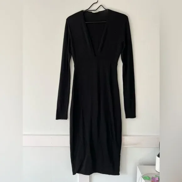 Aritzia Wilfred Free Abby Dress Black Deep Plunge Long Sleeve - Picture 5 of 10